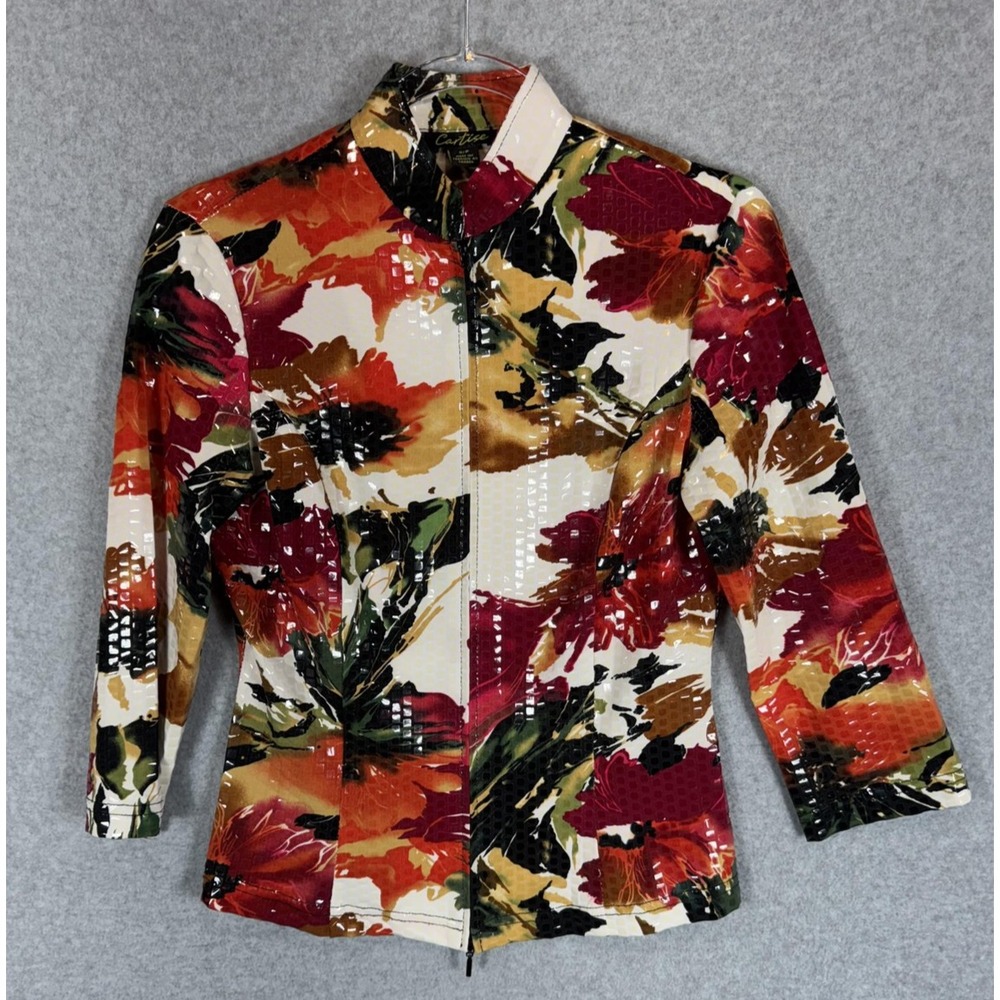 Cartise Jacket Womens Small Multicolor Zip Up Floral Textured 3/4 Sleeve Canada